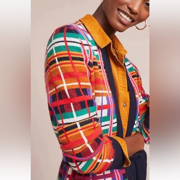 Anthropologie MOTH Long Cardigan Sweater Women’s Sz XS Willingston Plaid Belted - Picture 2 of 15